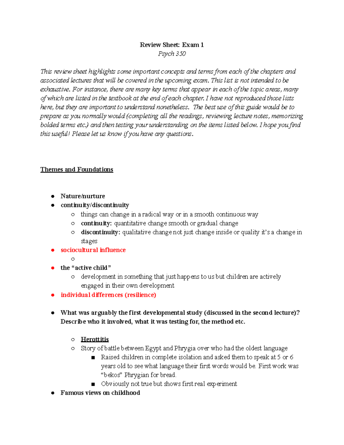 Review Sheet Exam 1 - This list is not intended to be exhaustive. For ...