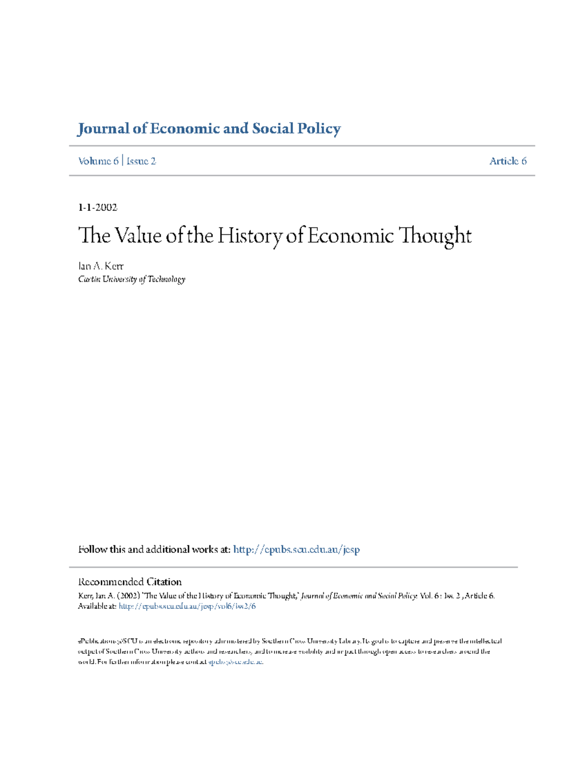 The Value of the History of Economic Thought Journal of Economic and