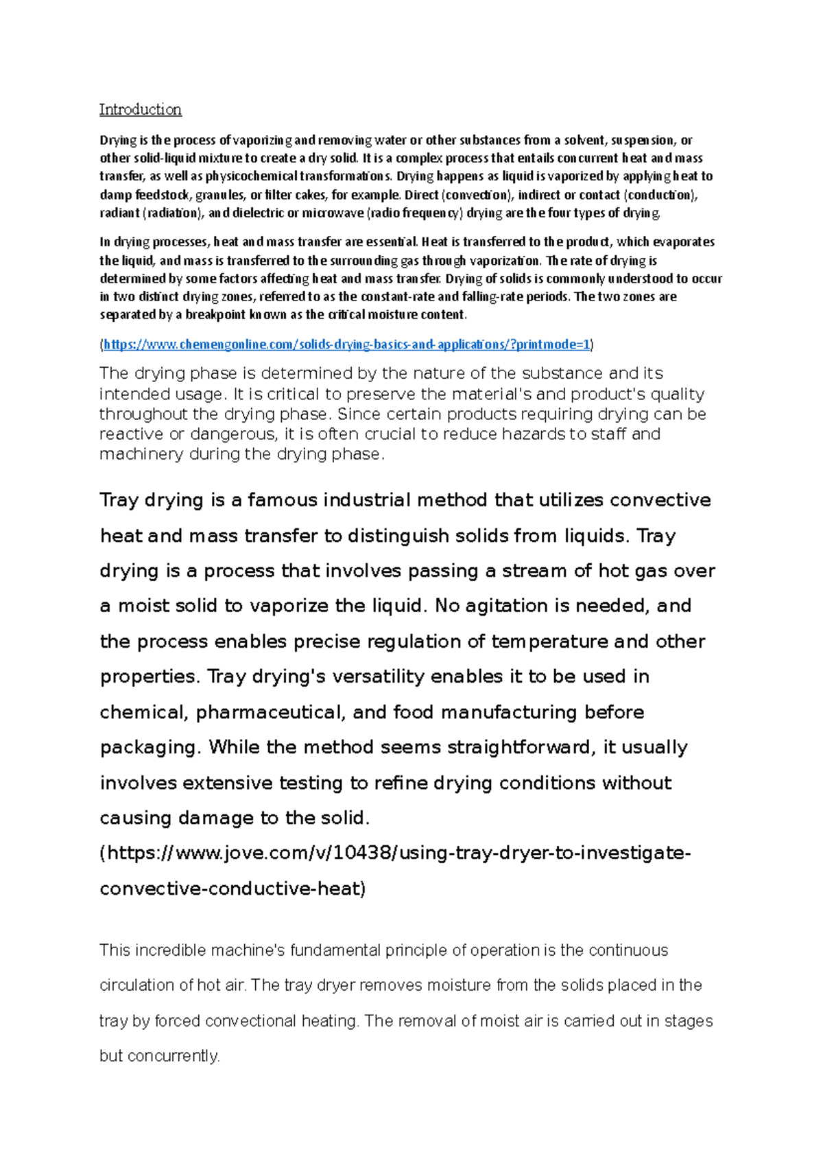 EXP 1 TRAY Dryer CMT450 Intro Introduction Drying is the process of