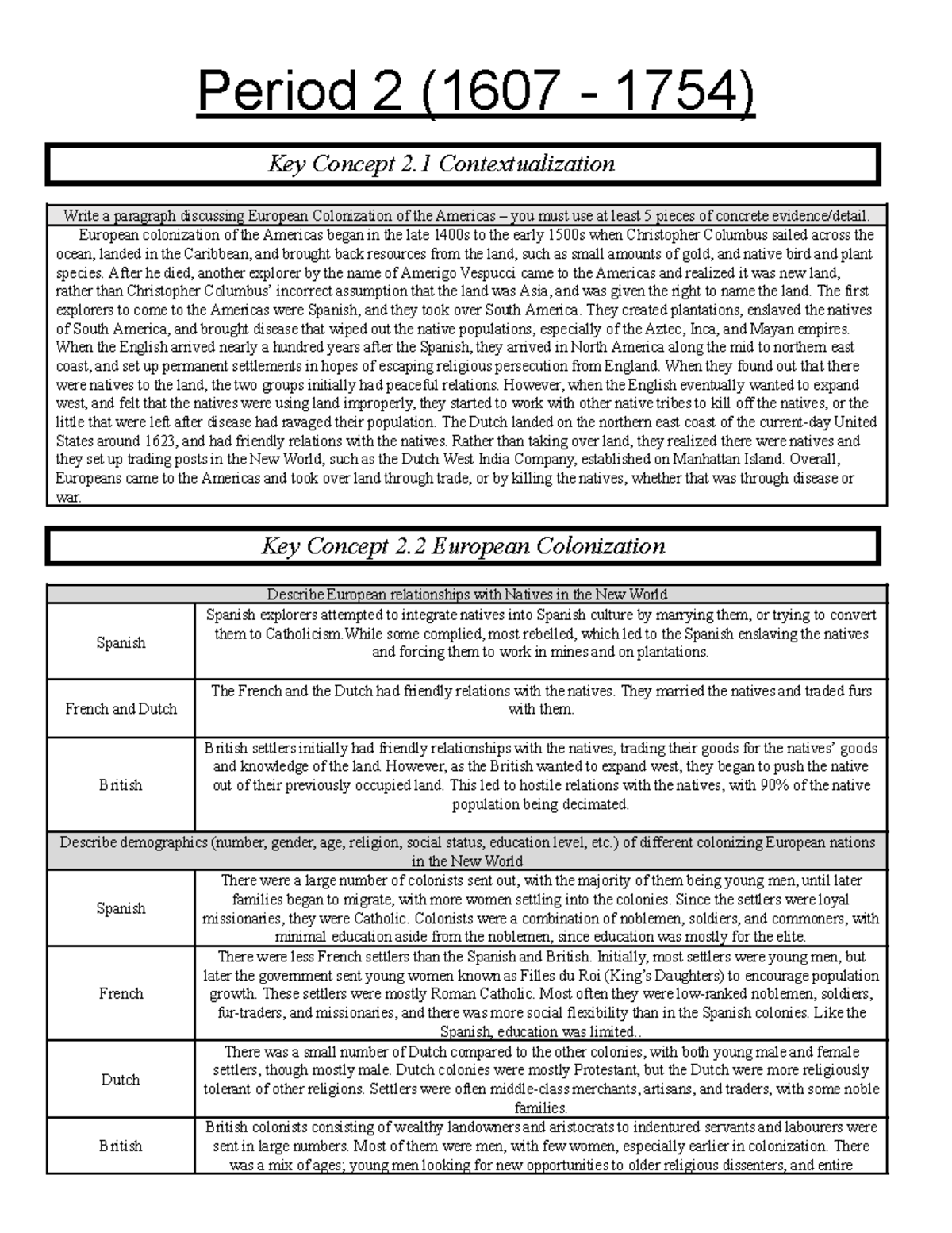 Key Concepts Review - Period 2 Apush - Period 2 (1607 - 1754) Key ...