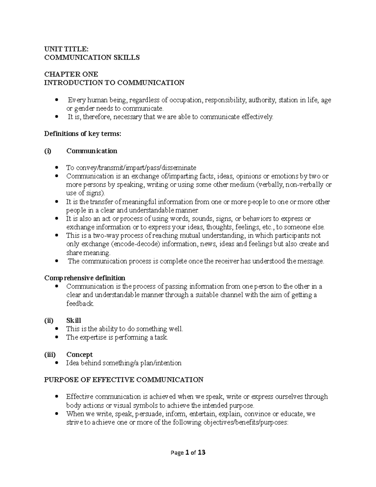 Sep 2022 introduction to comm skills - UNIT TITLE: COMMUNICATION SKILLS ...