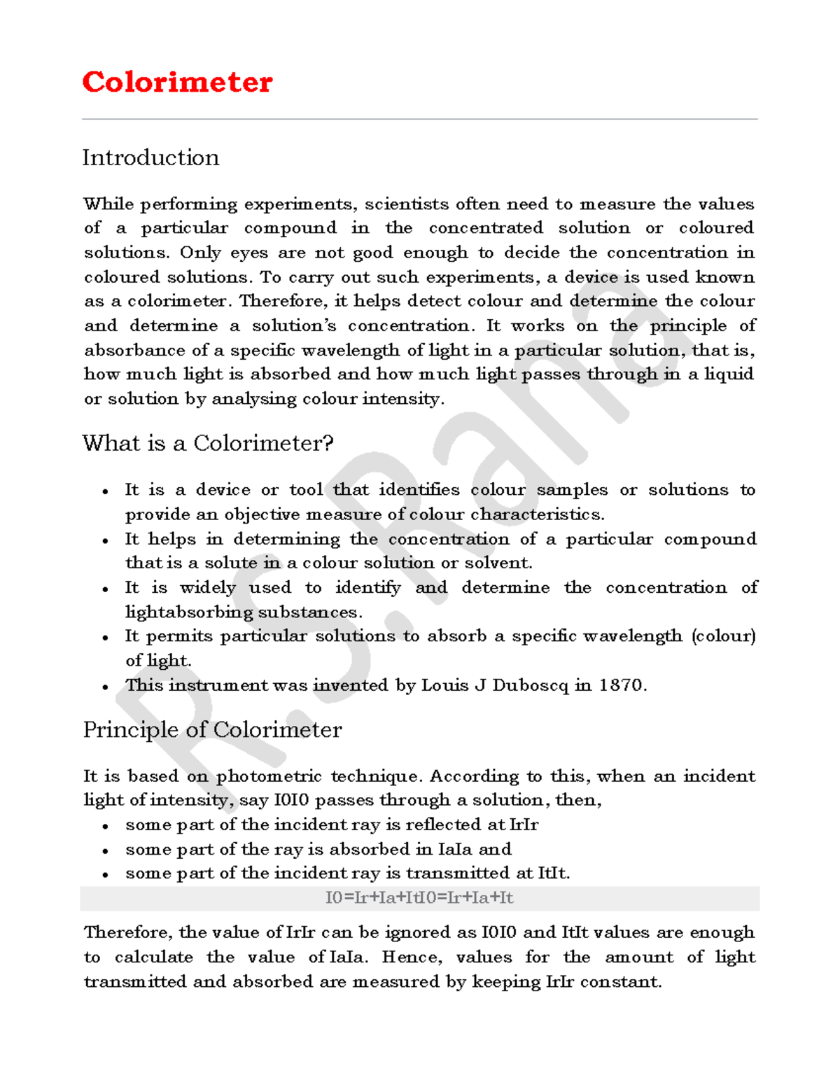 Colorimeter Colorimeter Introduction While performing experiments