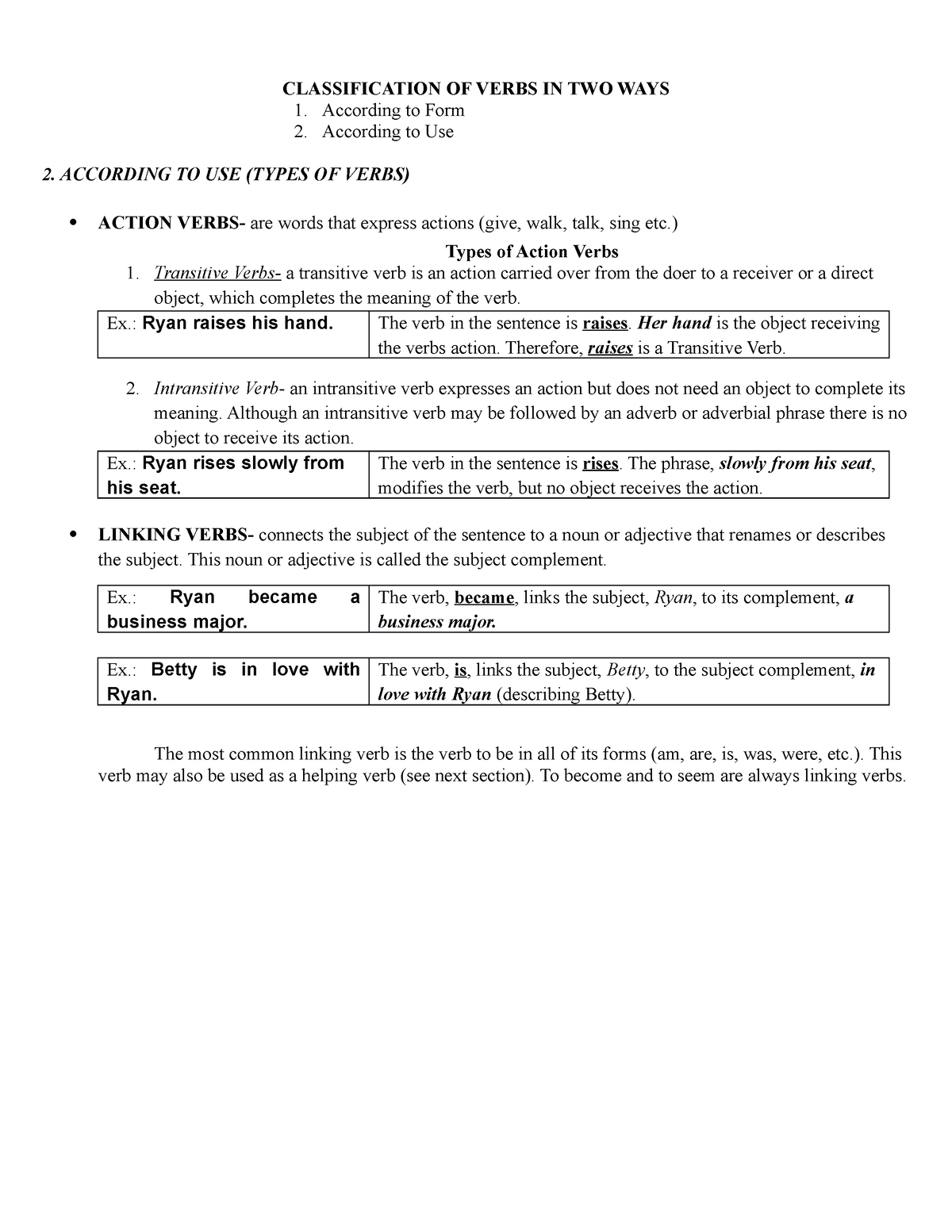 Types Of Verbs Lecture Material CLASSIFICATION OF VERBS IN TWO WAYS 