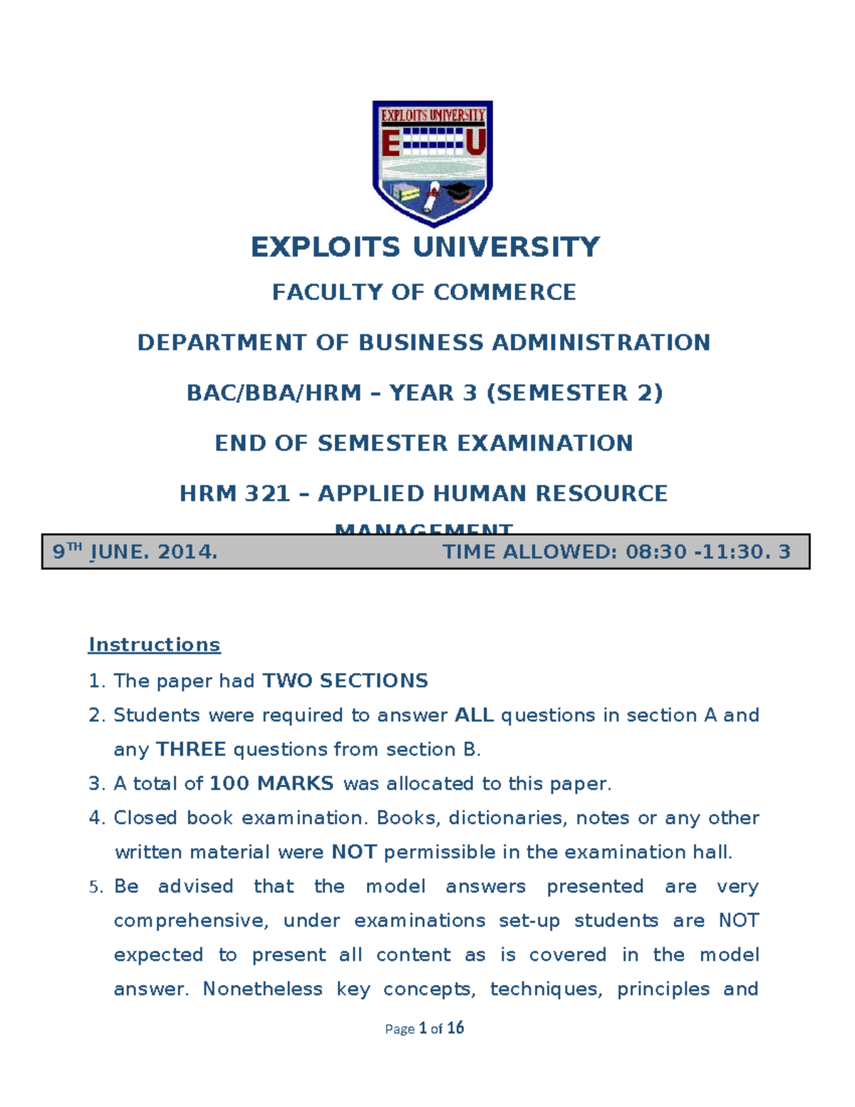 HRM 321 JUNE 2015 Model Answer - EXPLOITS UNIVERSITY FACULTY OF ...
