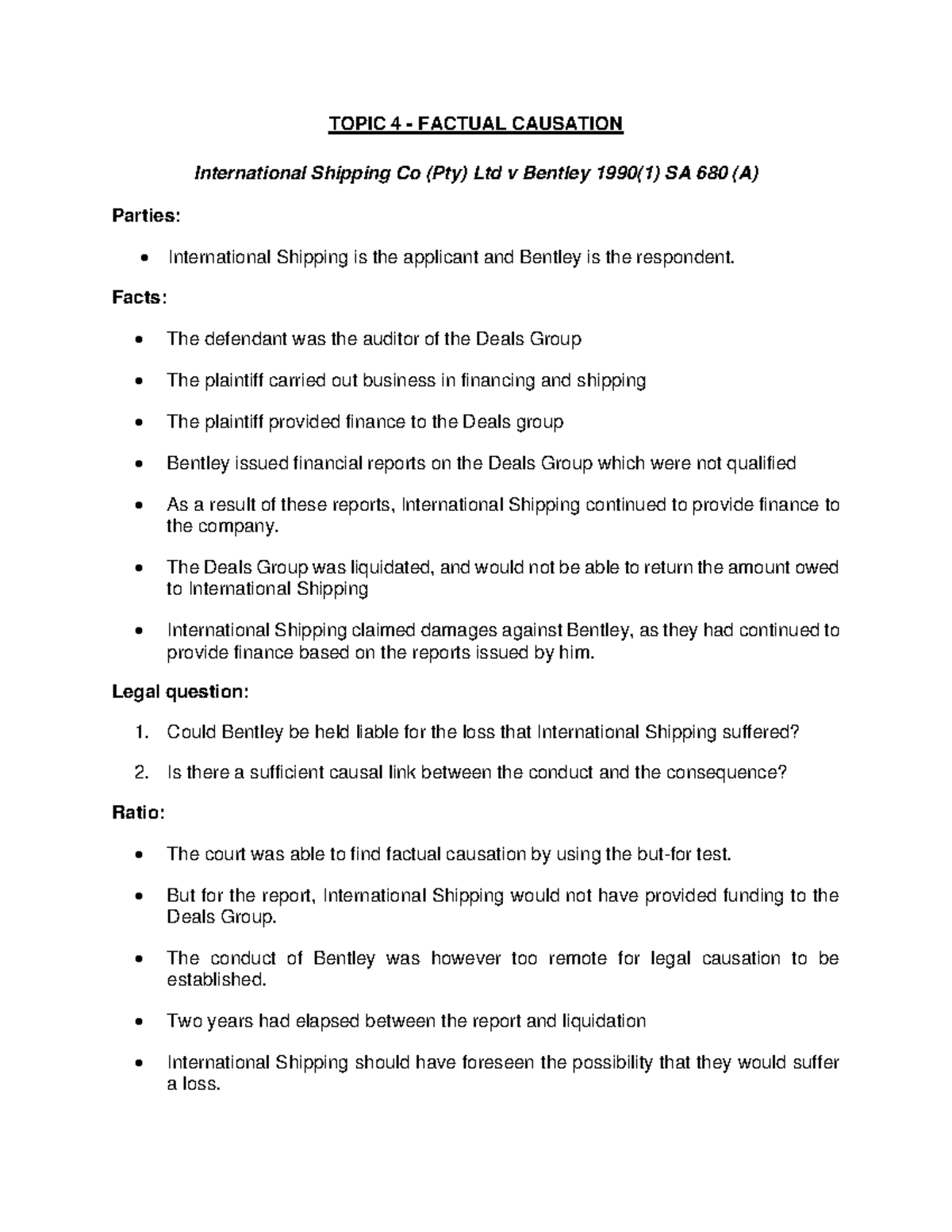 International Shipping v Bentley case summary - TOPIC 4 - FACTUAL ...