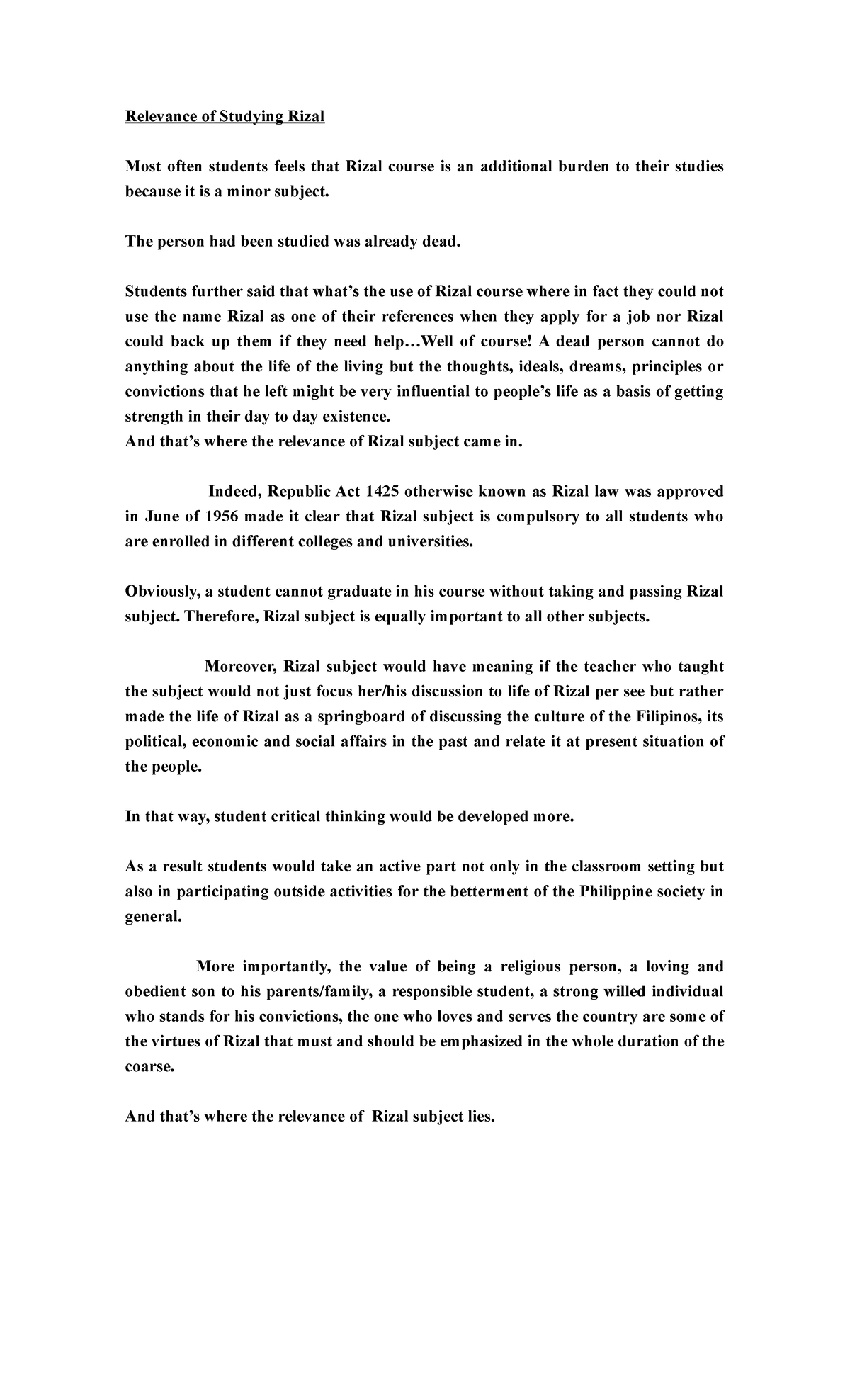 personal essay about relevance of the rizal course