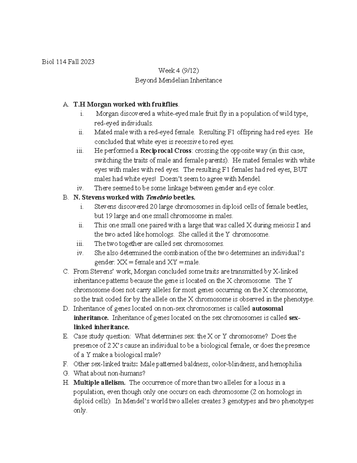 Lecture Week 4 (9-12)) - Notes Beyond Mendelian Inheritance - Biol 114 ...