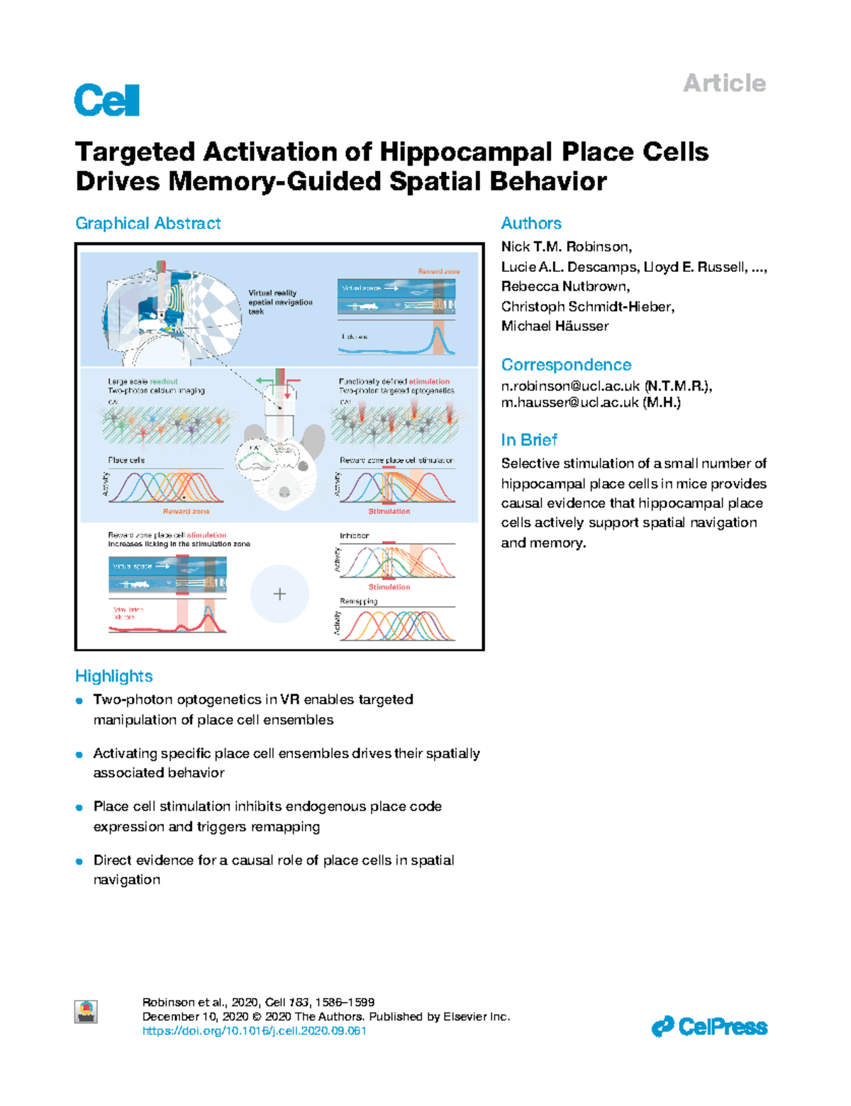 Targeted Activation of Hippocampal Place Cells Drives Memory Guided ...