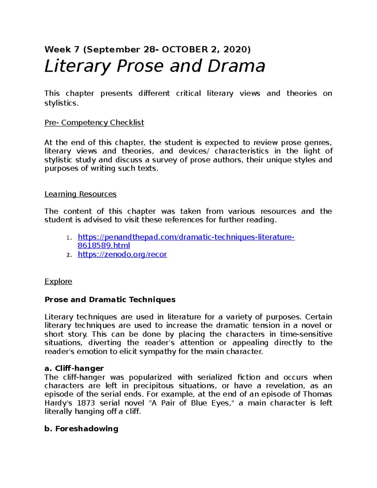 Literary Prose And Dramatic Techniques Week 7 September 28 OCTOBER 