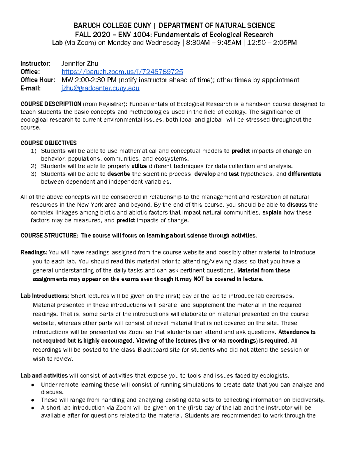 ENV 1004 Syllabus summary BARUCH COLLEGE CUNY DEPARTMENT OF