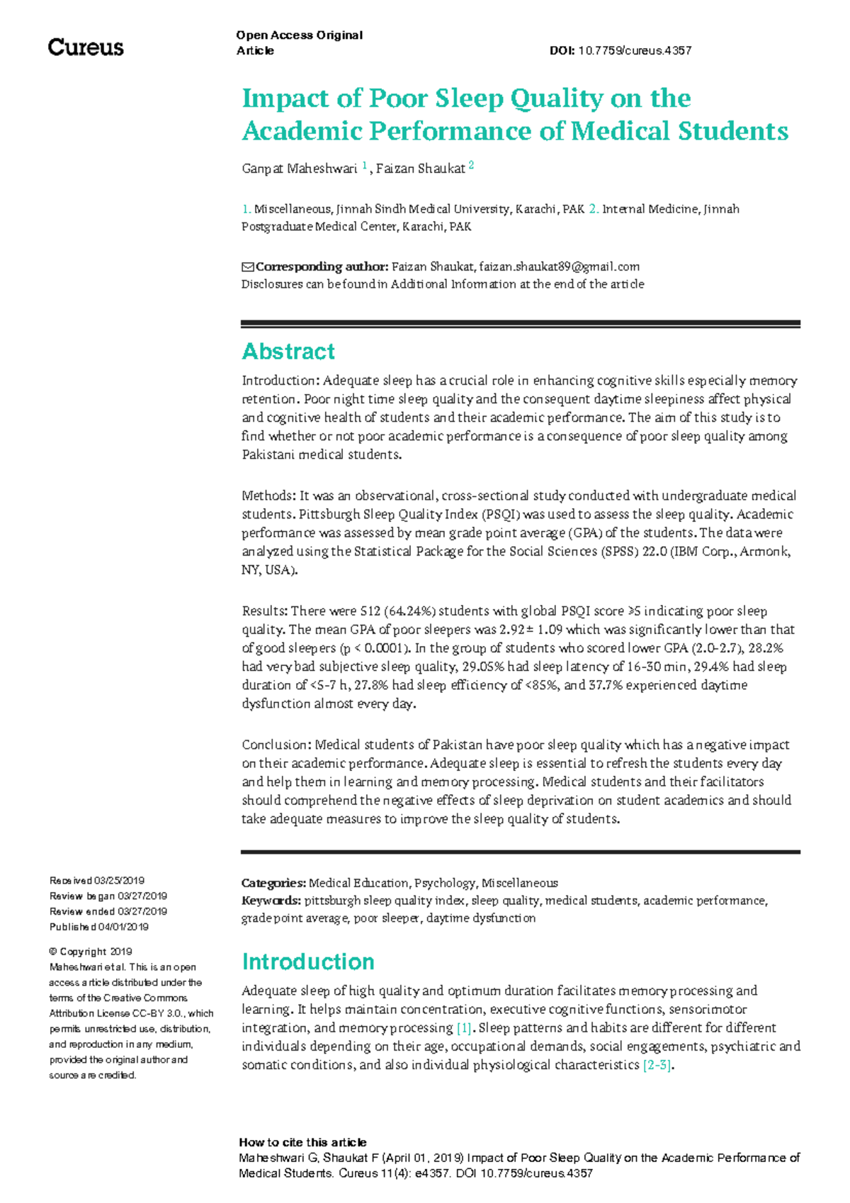 Impact of Poor Sleep Quality on the Academic Performance of Medical ...