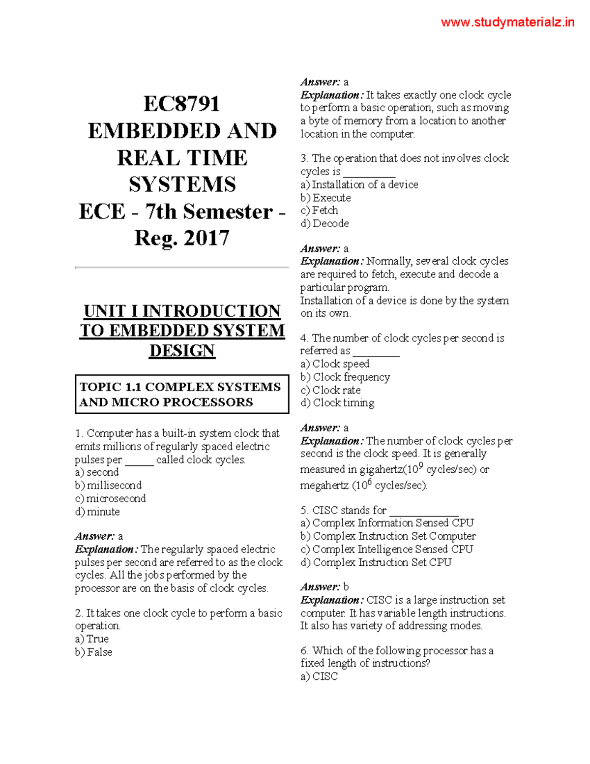 EC8791 Embedded AND REAL TIME Systems - EC EMBEDDED AND REAL TIME ...