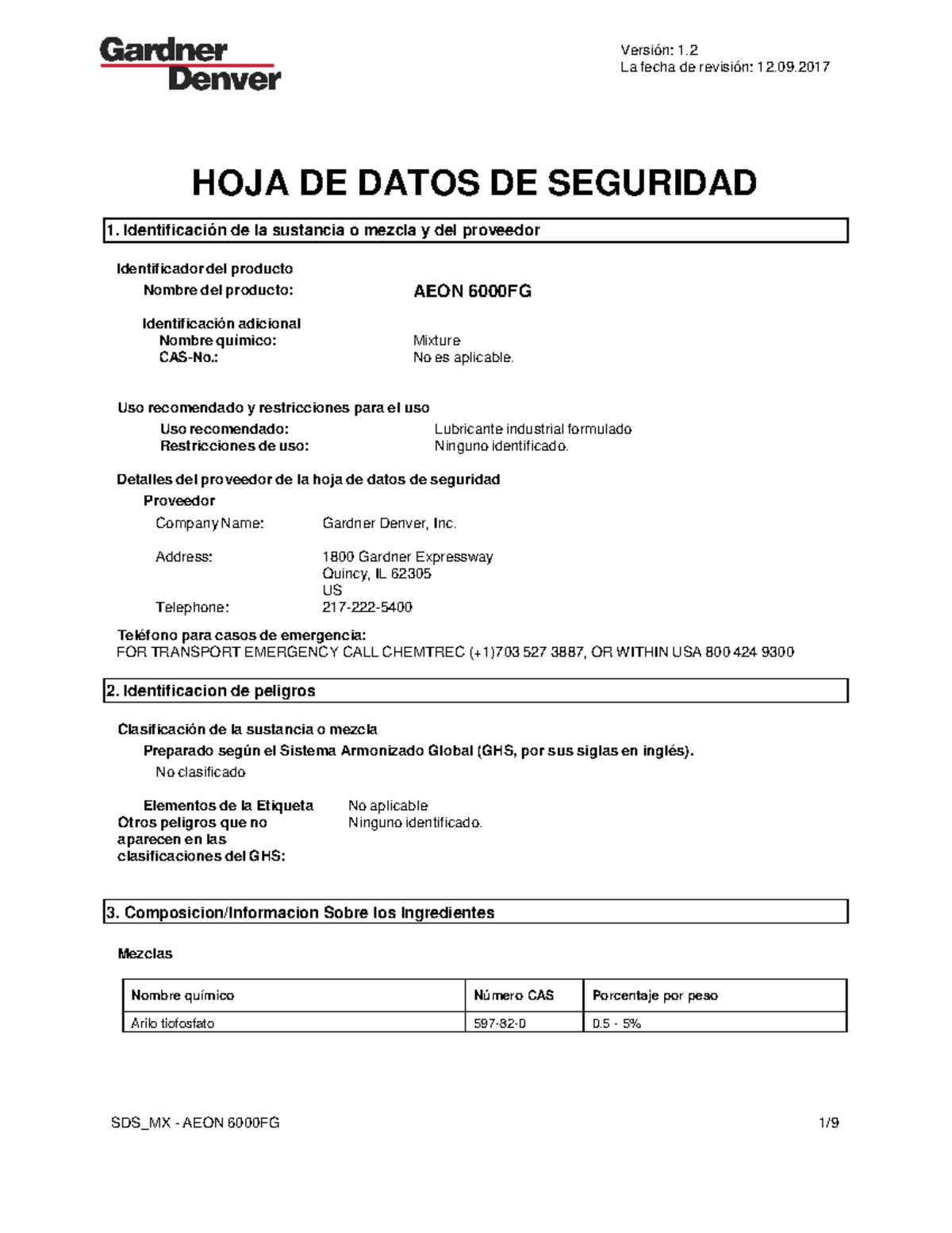 SDS AEON 6000FG SDS Spanish La fecha de revisión 12. HOJA DE DATOS