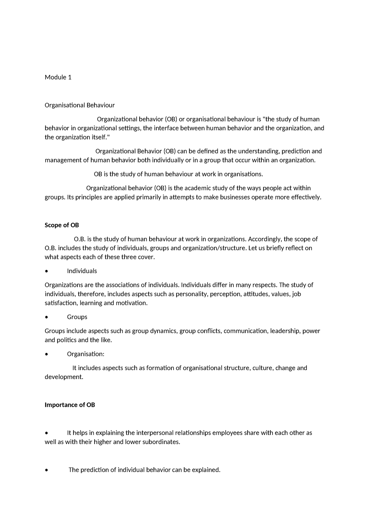 OB Notes - Module 1 Organisational Behaviour Organizational Behavior ...