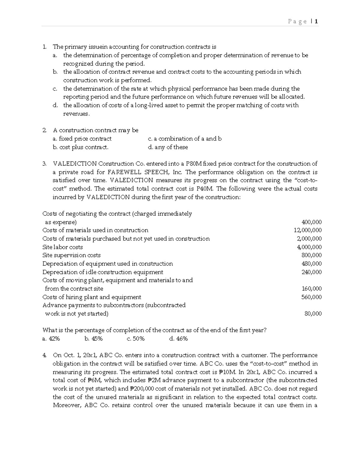 AFAR 1, Construction contracts testbank - Accountancy - AdDU - Studocu