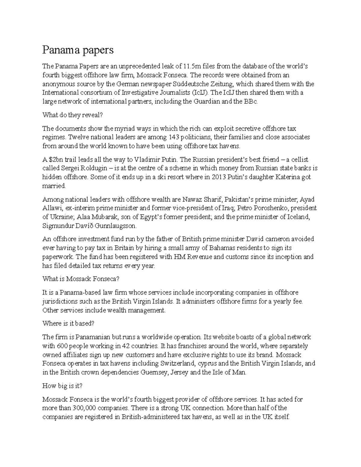 Panama papers Summary Business Ethics an of 11 from of fourth law firm, Mossack from an