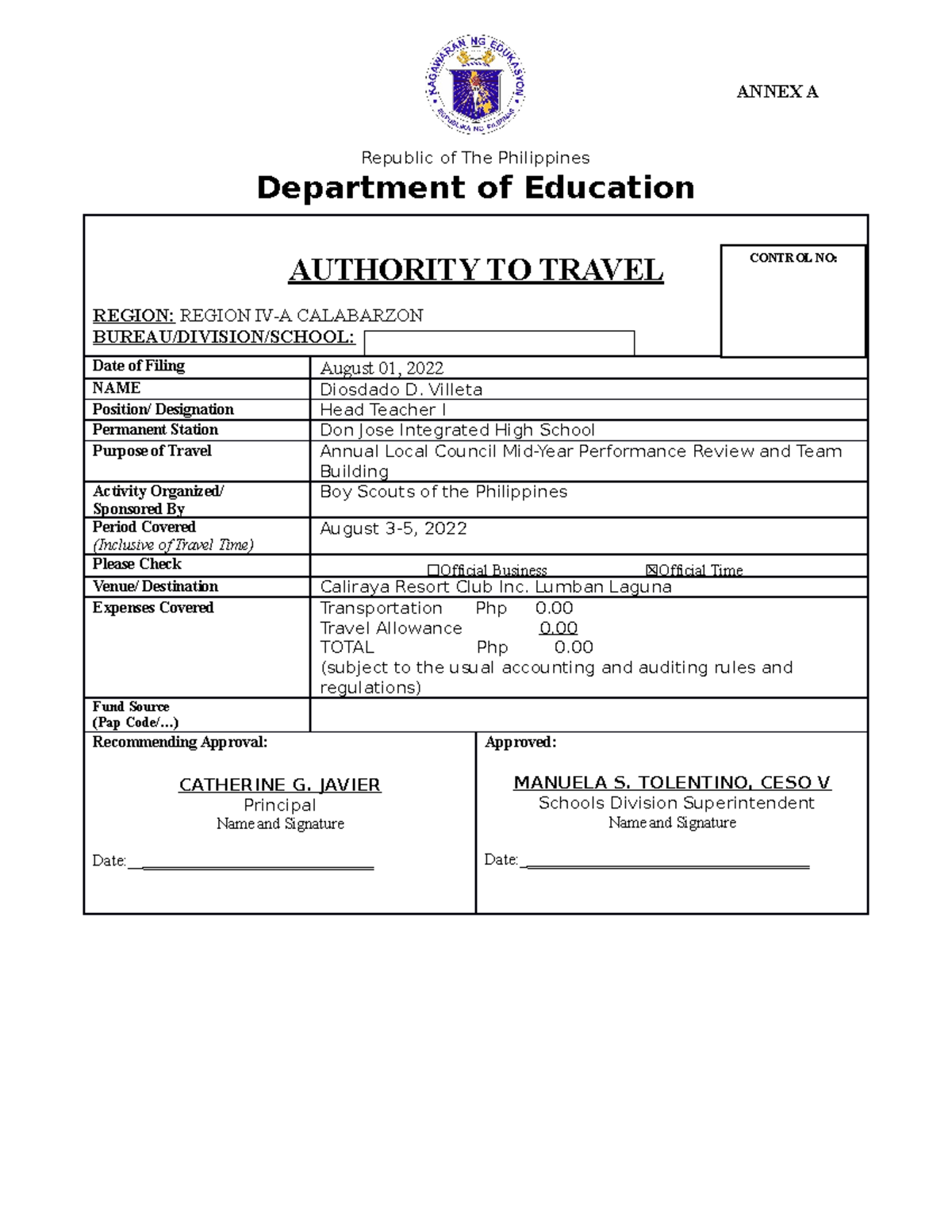 Travel Order Blank Form Republic of The Philippines Department of