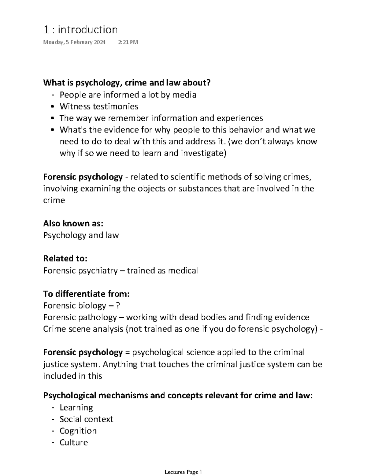 Lecture 1 introduction notes - What is psychology, crime and law about ...