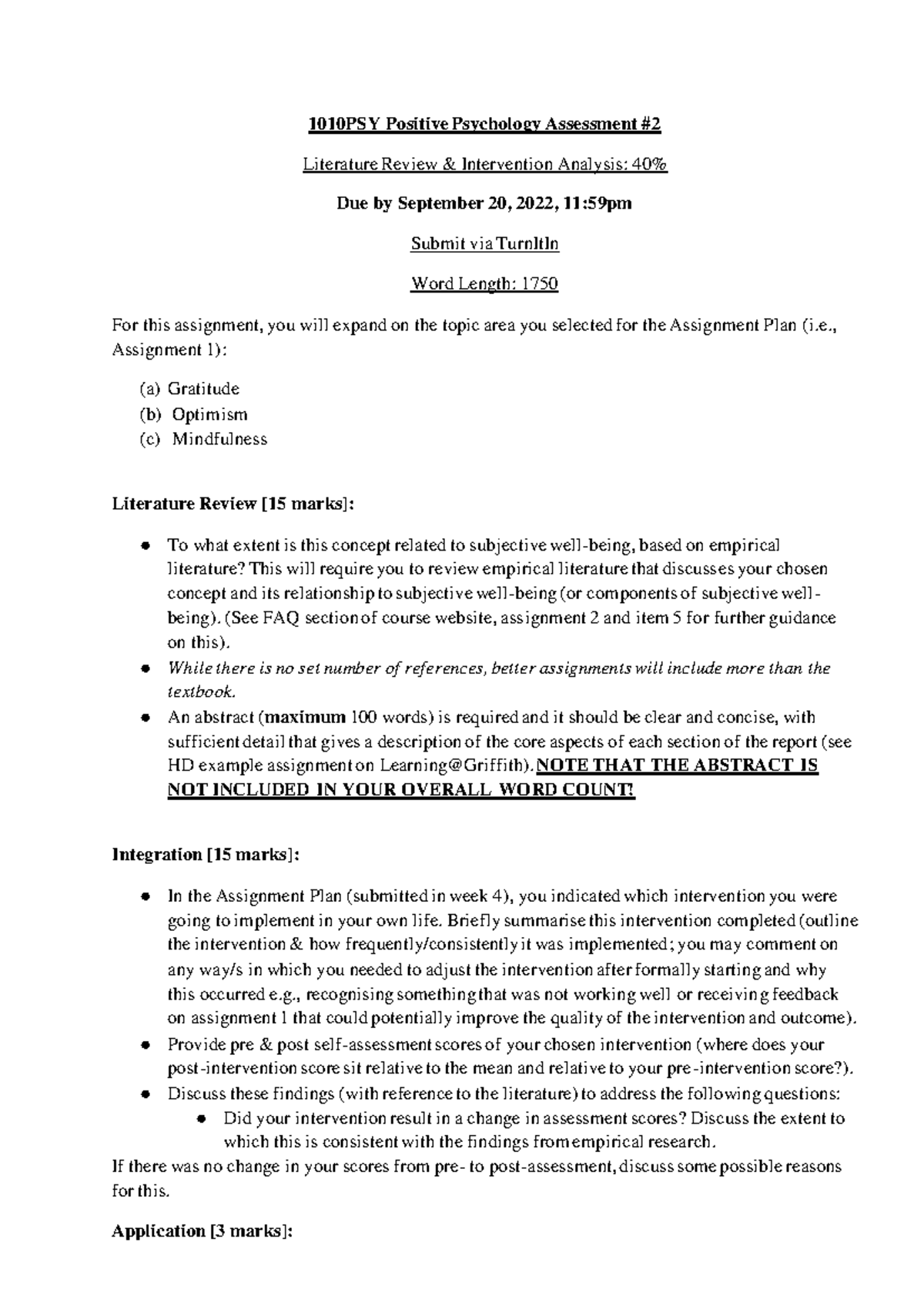Assignment 2 - 1010psy - Notes - 1010PSY Positive Psychology Assessment ...