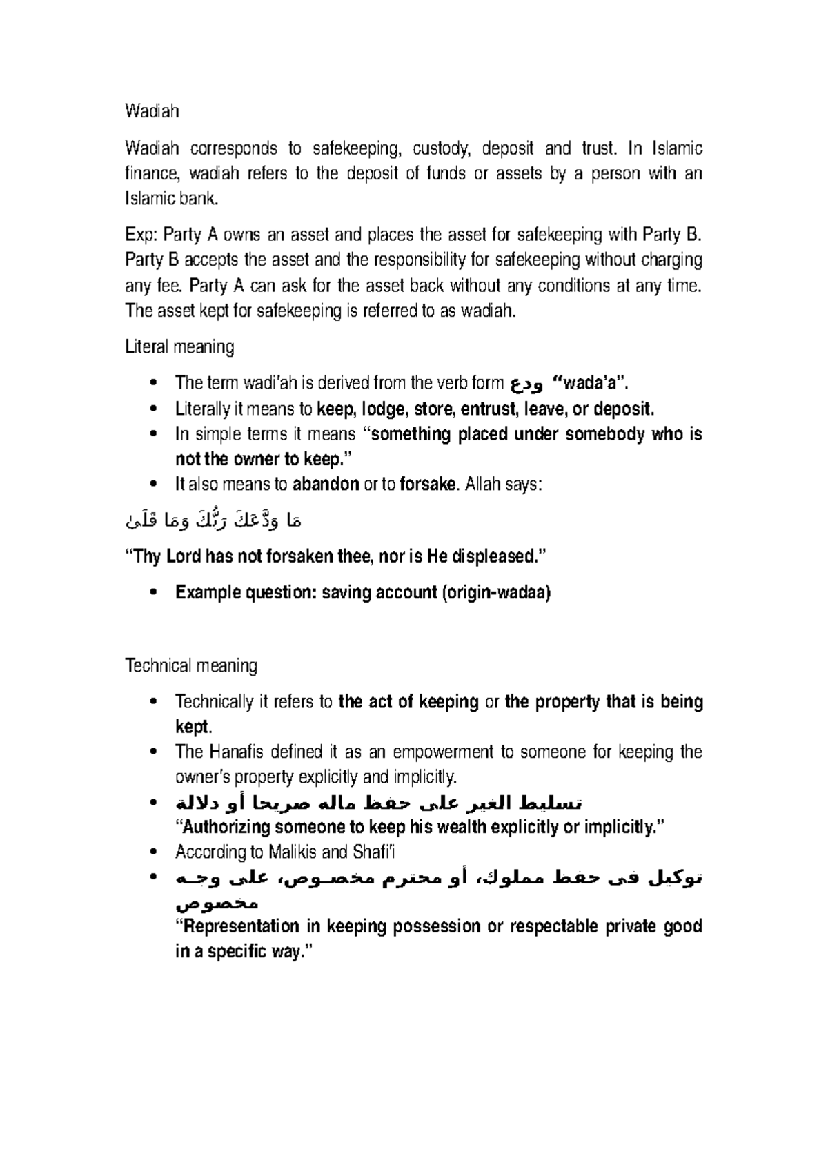 IB chapter 4 - wadiah - Wadiah Wadiah corresponds to safekeeping ...