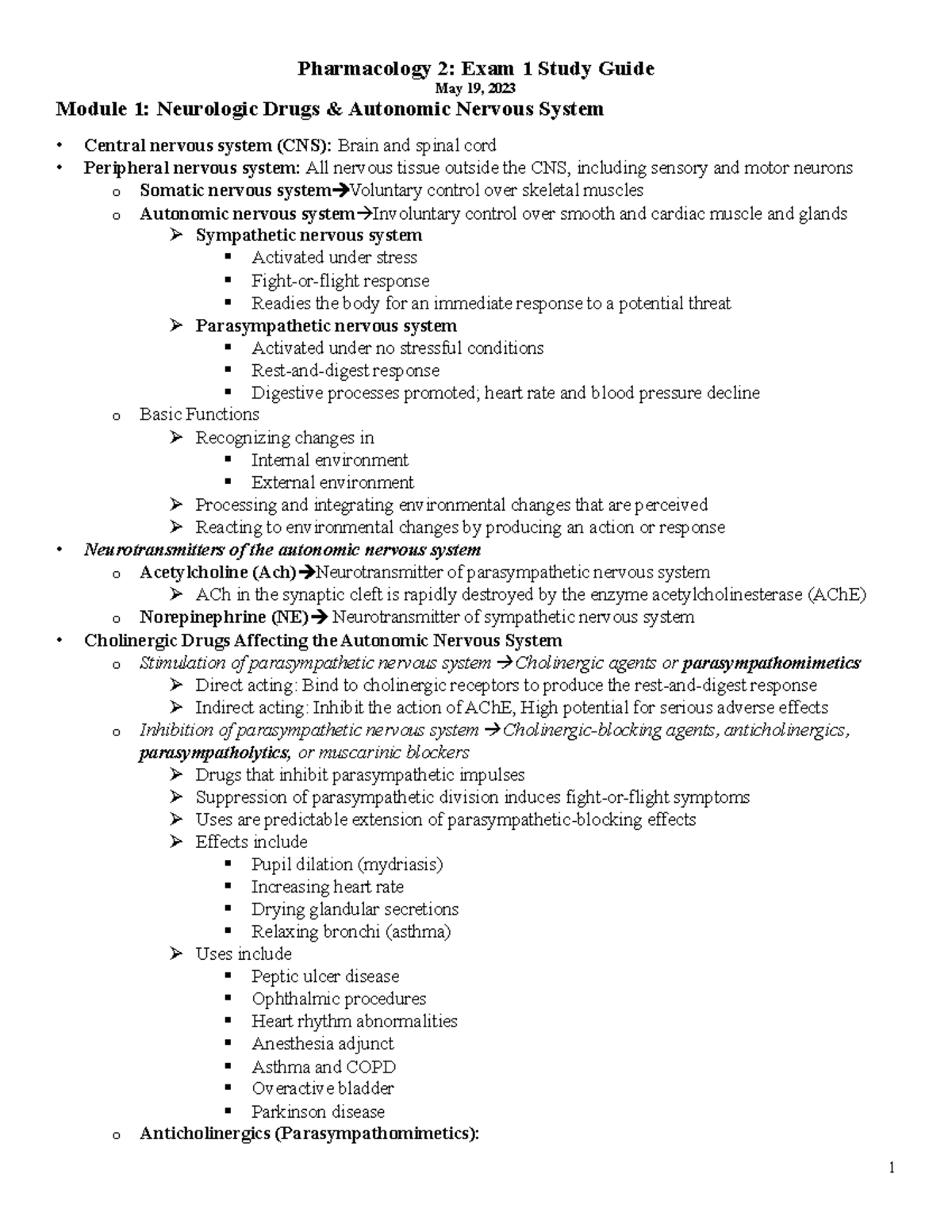 Pharm Exam 1 Study Guide - May 19, 2023 Module 1: Neurologic Drugs ...