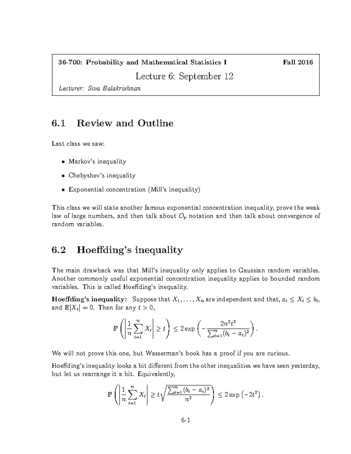 Lec6 - Lecture Notes 6 - 36-700: Probability And Mathematical ...