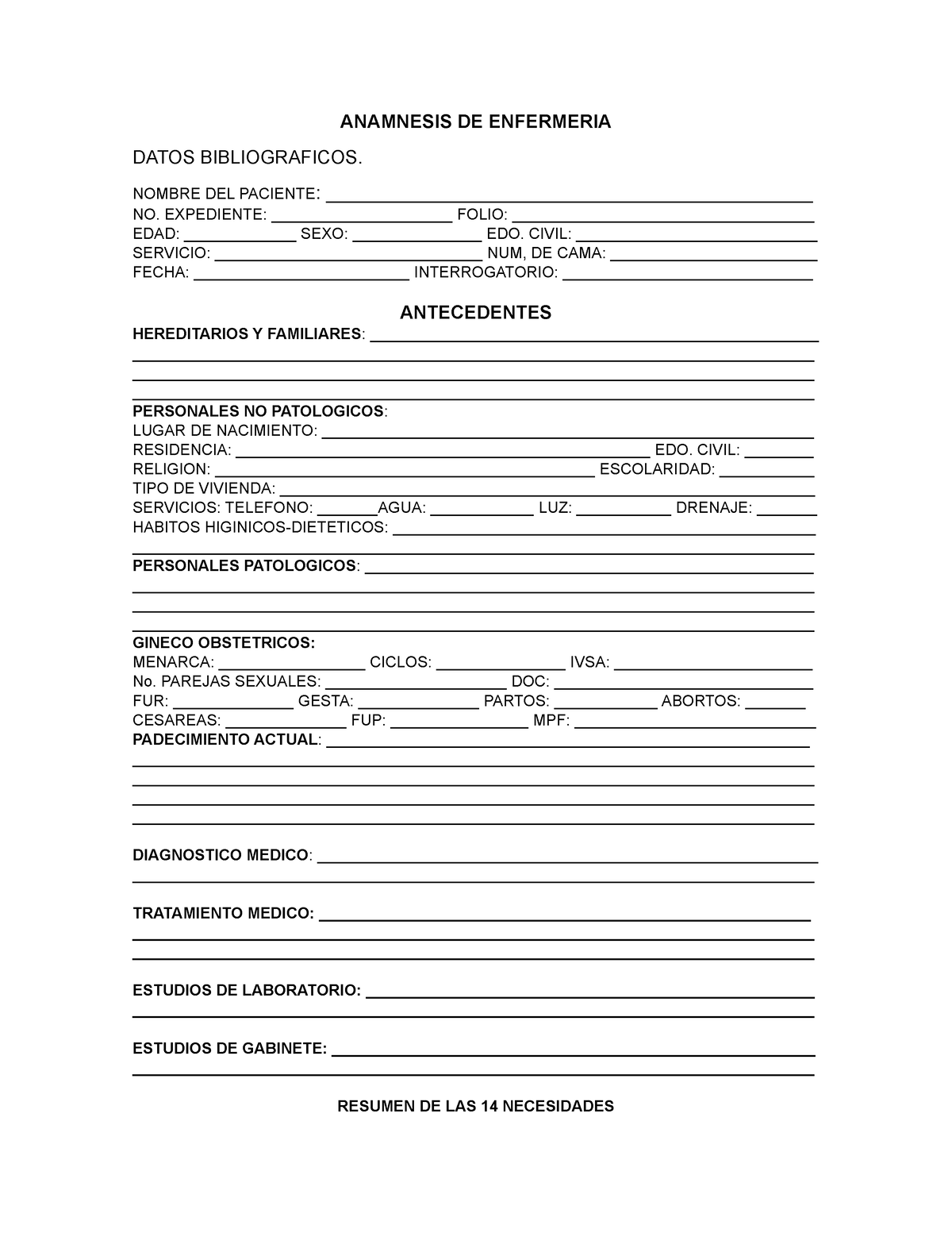 Anamnesis De Enfermeria Anamnesis De Enfermeria Datos Bibliograficos Nombre Del Paciente 2307