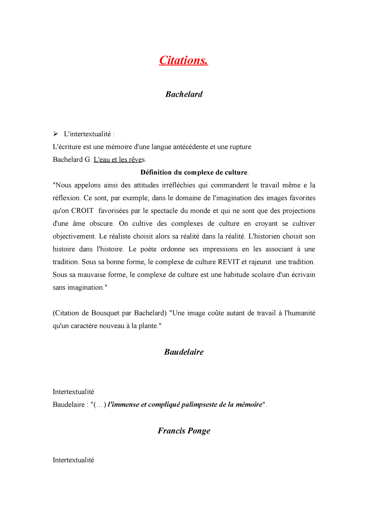 Citations Multiples Notes De Cours 1 Citations Bachelard L Intertextualite L Ecriture Est Studocu