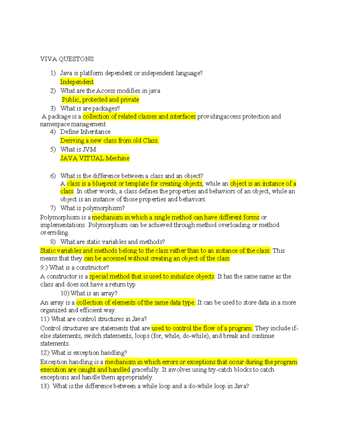 Java practical viva - VIVA QUESTONS Java is platform dependent or ...