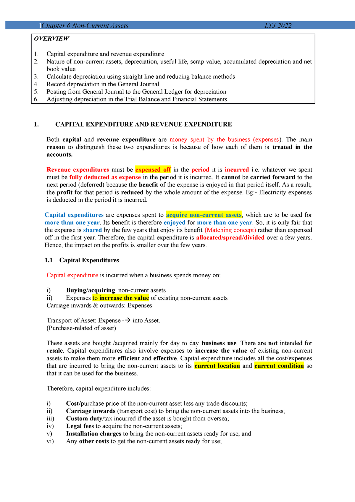 (L) Chapter 6 Non Current Assets - OVERVIEW Capital expenditure and ...