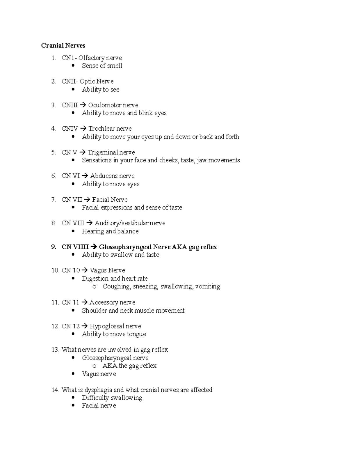 Med surg exam 2 - notes - Cranial Nerves CN1- Olfactory nerve Sense of ...