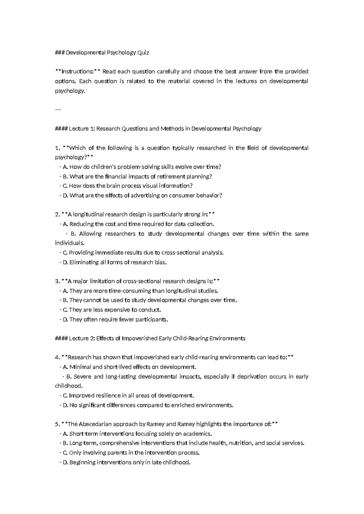 Developmental Psychology Quiz - Developmental Psychology Quiz ...