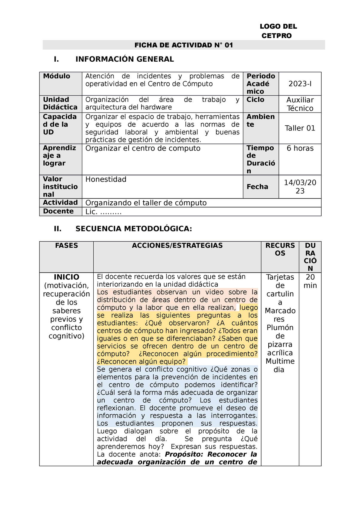 Ejemplo Ficha De Actividad Logo Del Cetpro Ficha De Actividad N° 01 I InformaciÓn General 7673