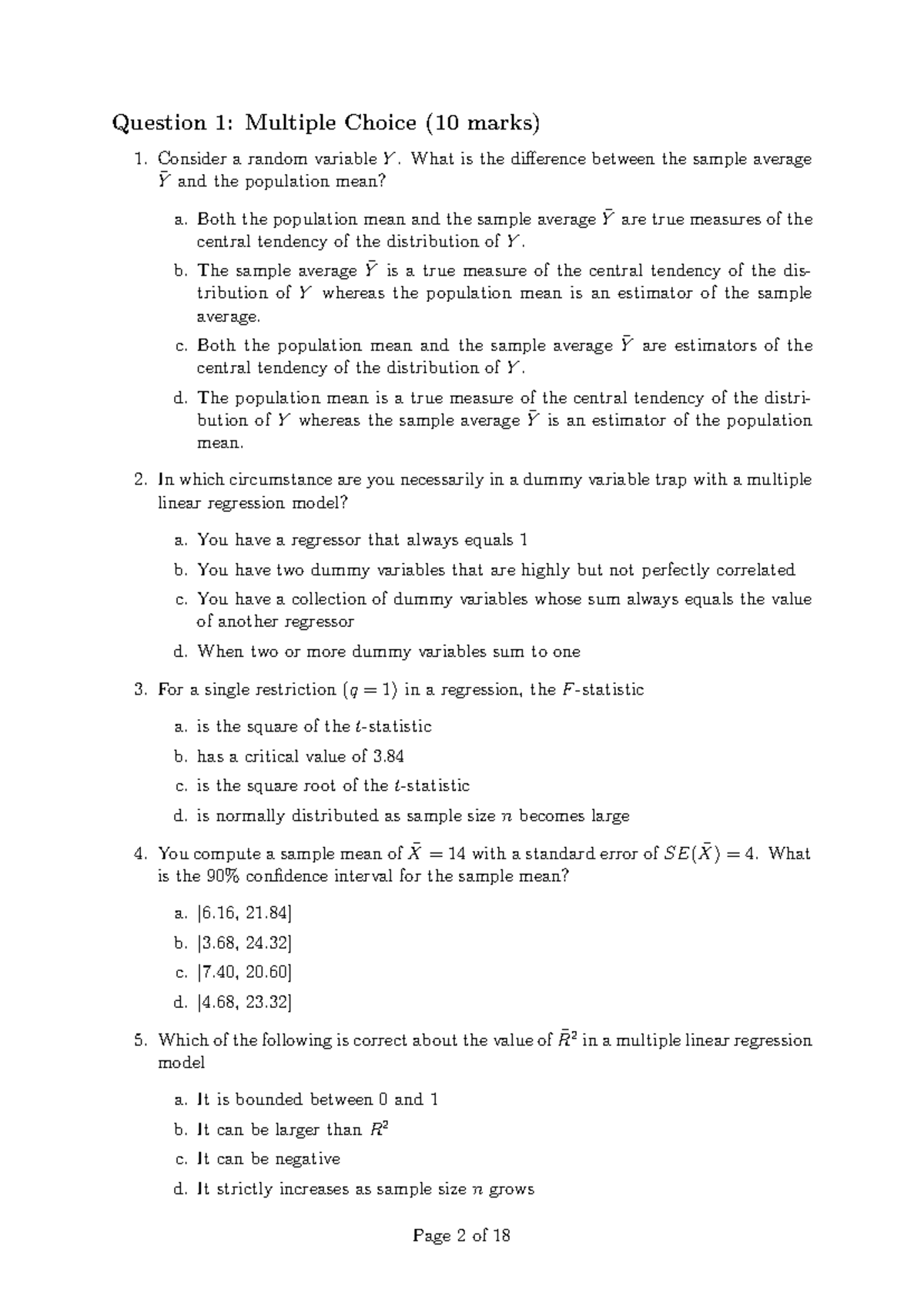 Final 2018 s1 - Practice - Question 1: Multiple Choice (10 marks ...