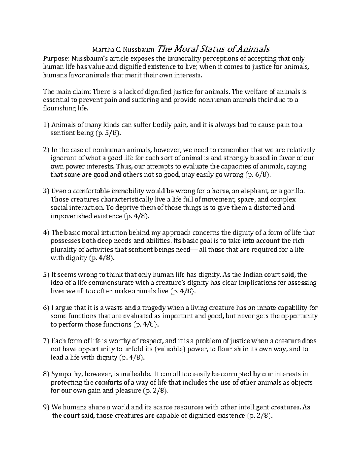 Agrument Summary (The Moral Status of Animals) Martha C. Nussbaum The