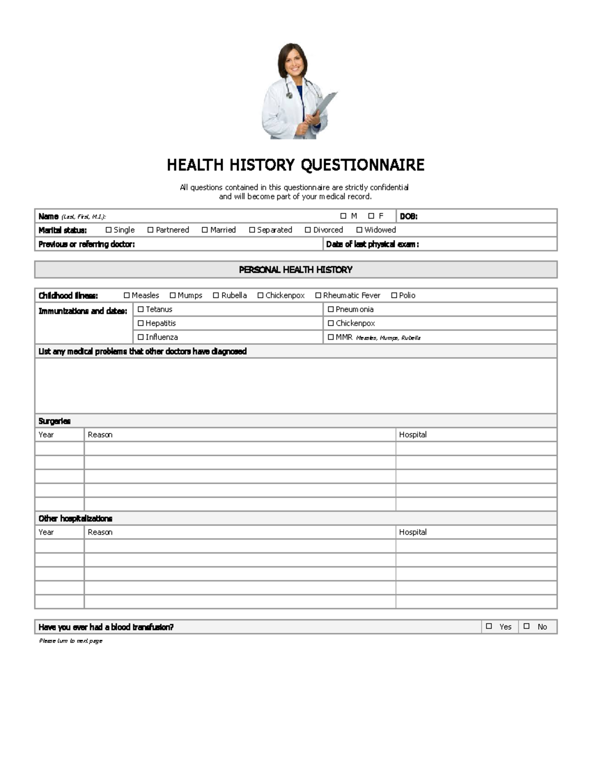 Medical History Form WORK HEALTH HISTORY QUESTIONNAIRE All