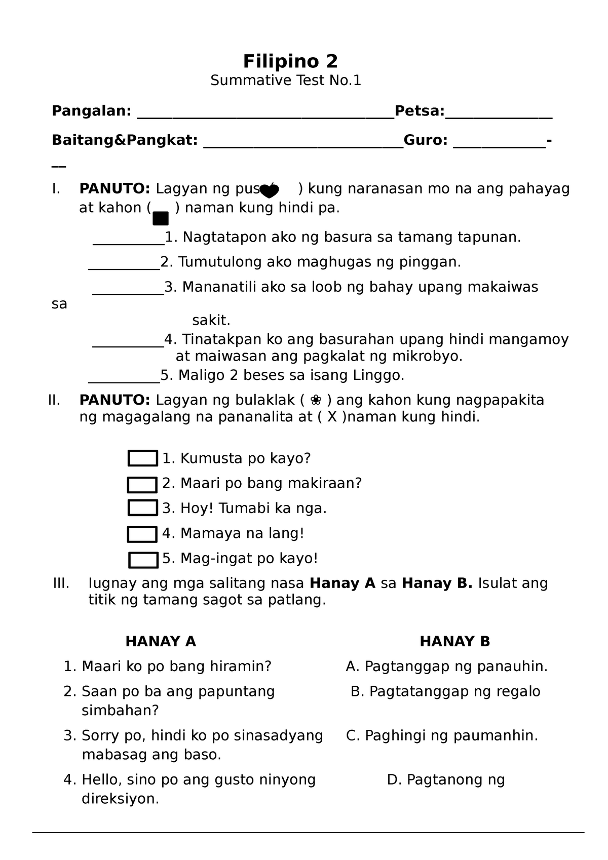 Q1 Filipino 2 Summative 1 - Filipino 2 Summative Test No. Pangalan