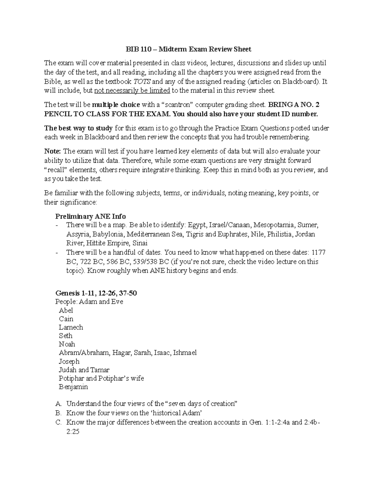 BIB110 Midterm Exam - review sheet - BIB 110 – Midterm Exam Review ...