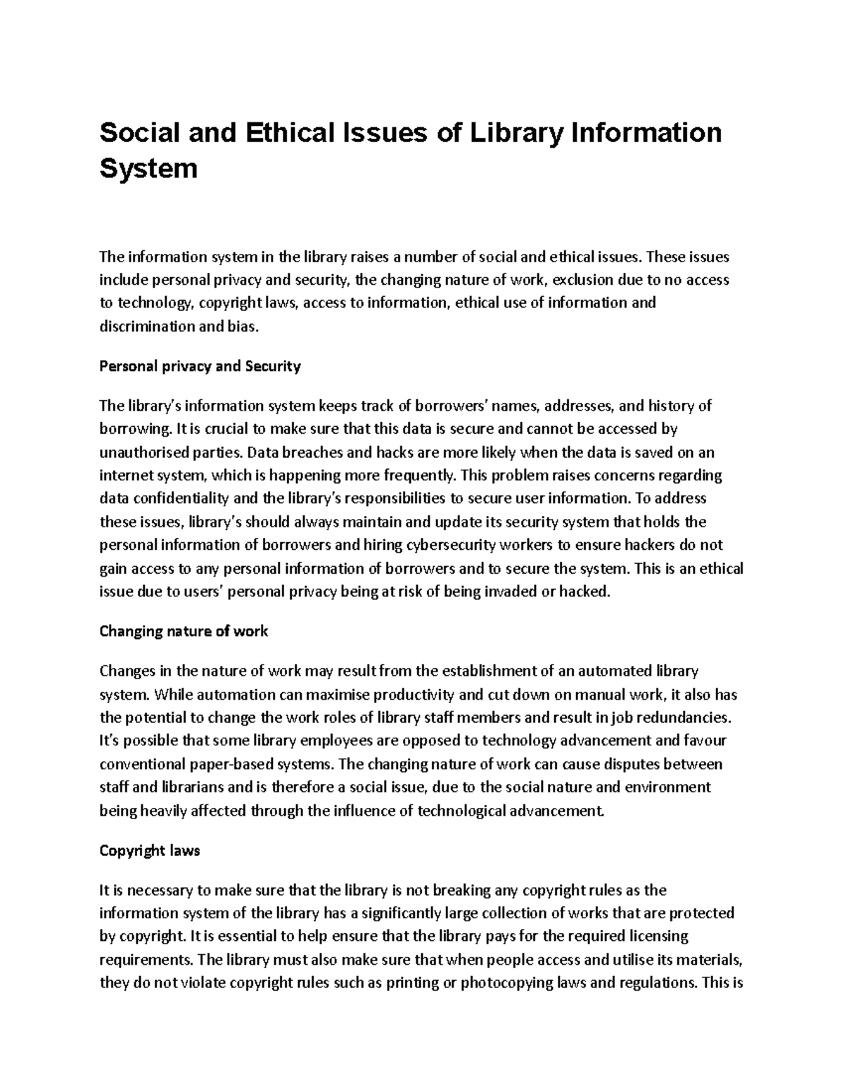 Social and Ethical Issues of Library Information System - Social and ...
