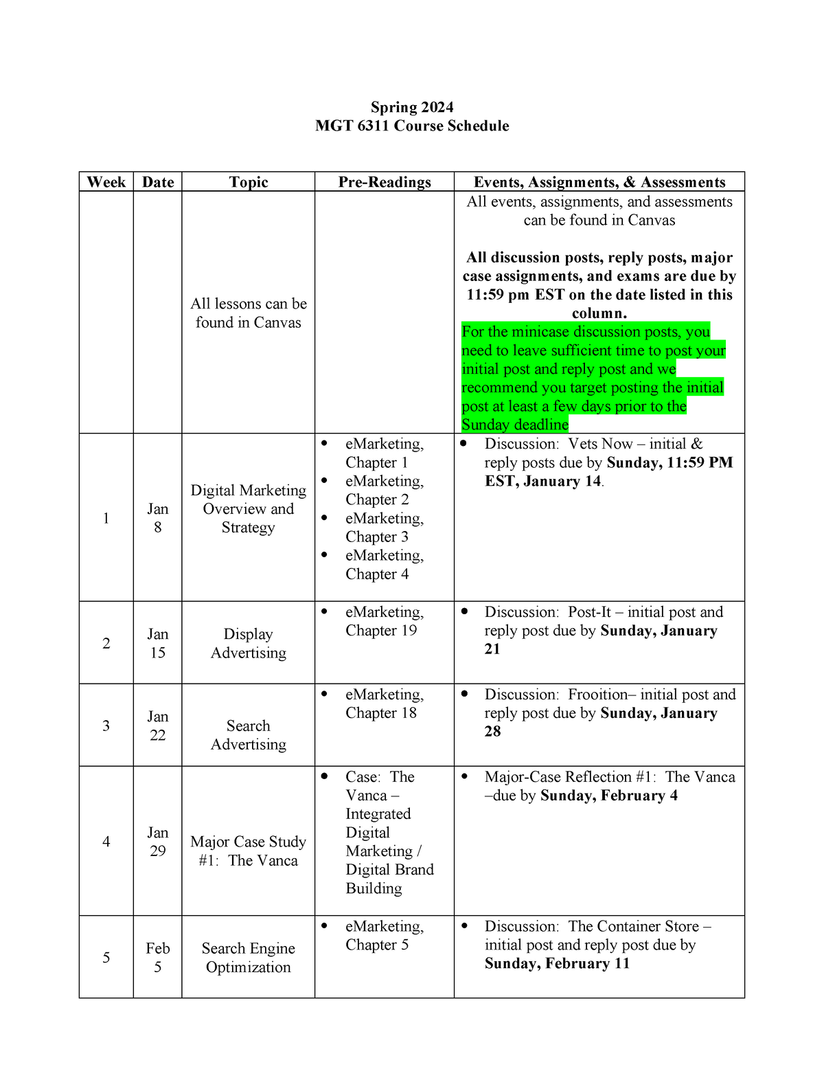 MGT 6311 Spring 2024 Course Schedule Spring 2024 MGT 6311 Course