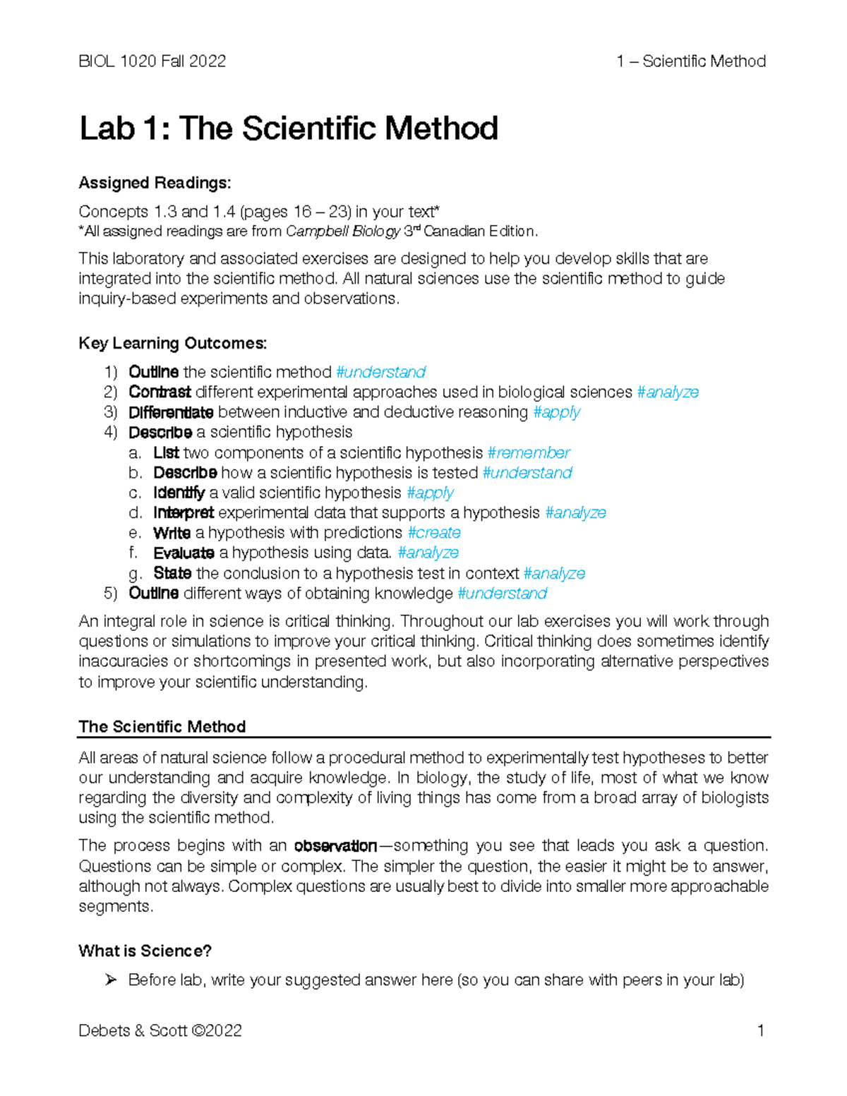 BIOL 1020 Lab 1 Handout - Lab manual - Lab 1 : The Scientific Method ...