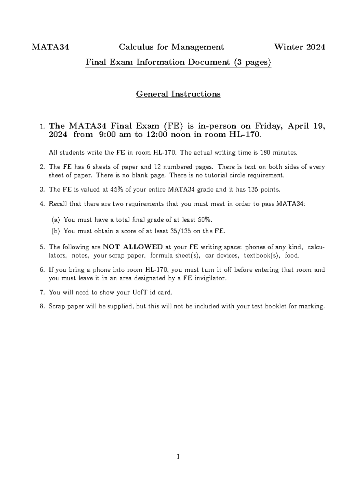 MATA34 Final Exam Info (Winter 2024) MATA34 Calculus for Management