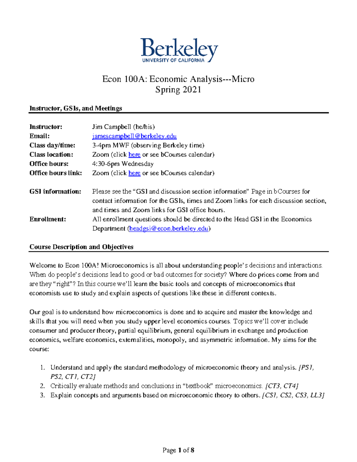 Econ 100A Syllabus Spring 2021 Econ 1 00 A Economic AnalysisMicro