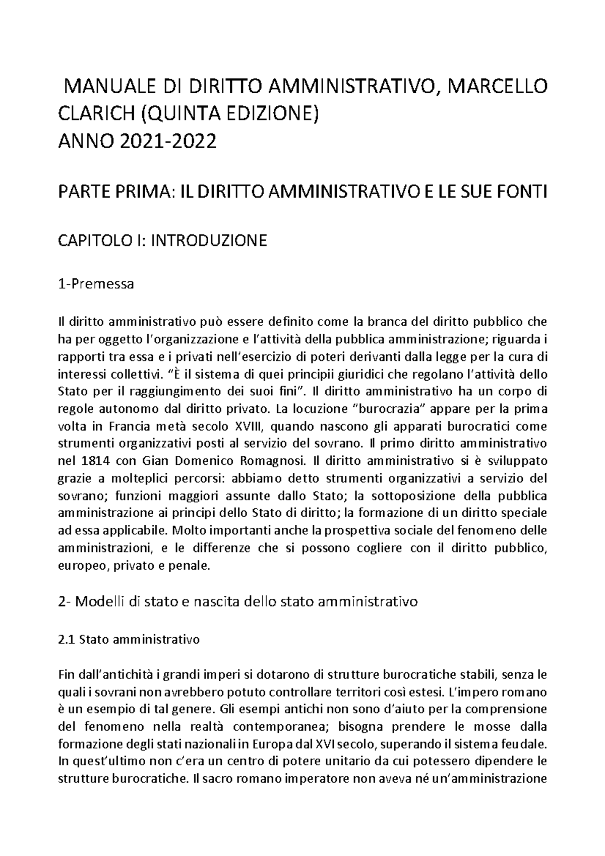 Riassunto Manuale Di Diritto Amministrativo-clarich (diritto ...