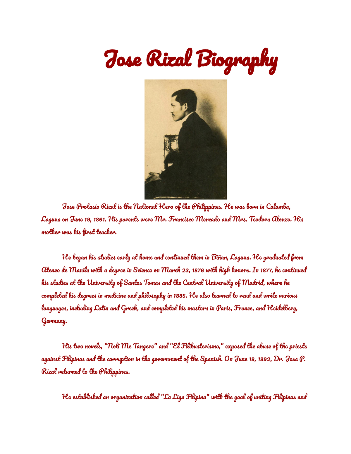 biography of jose rizal brainly