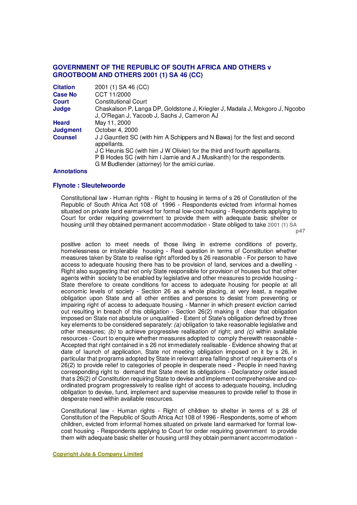 Grootboom cc - case law - GOVERNMENT OF THE REPUBLIC OF SOUTH AFRICA ...