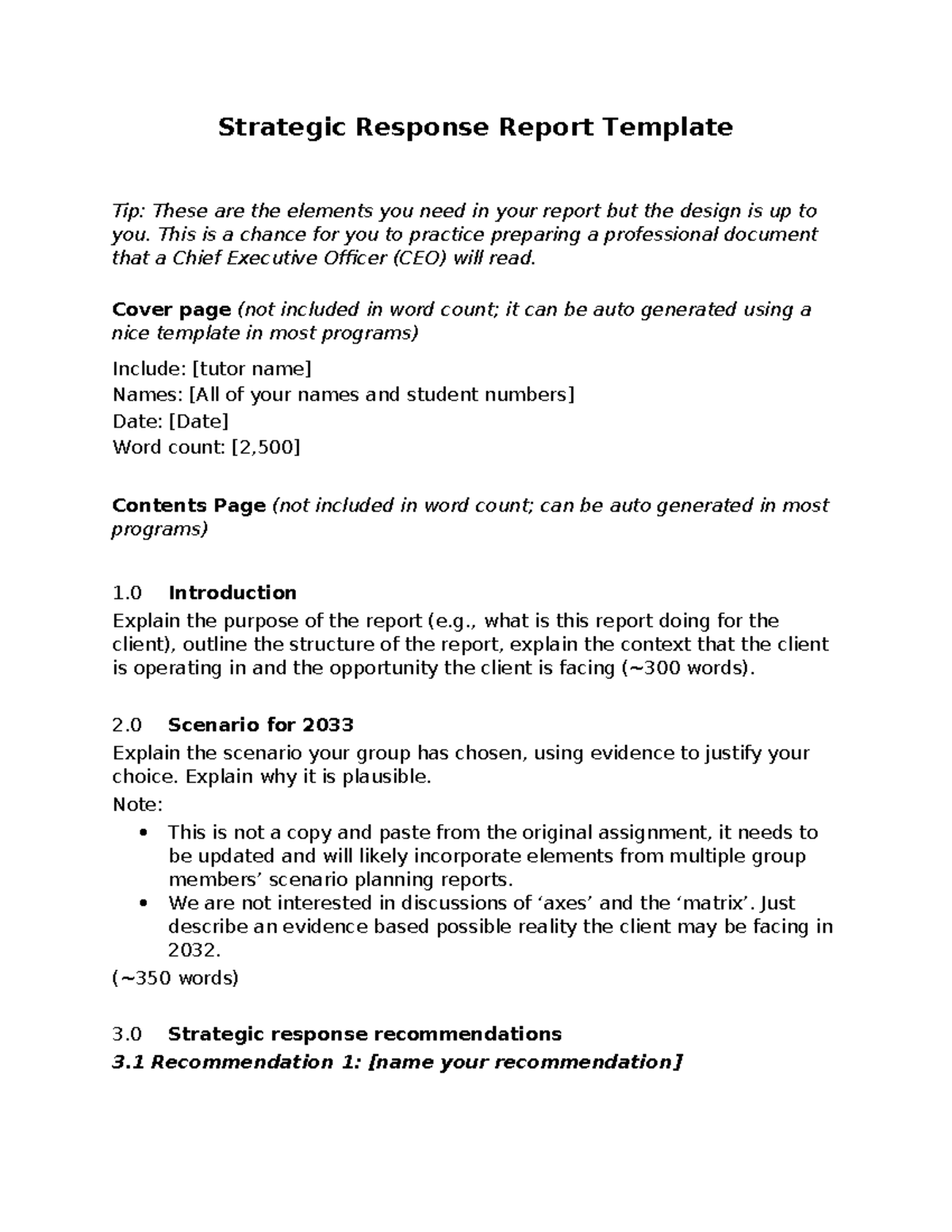 BSB105 A2 template 2023 v2 - Strategic Response Report Template Tip ...