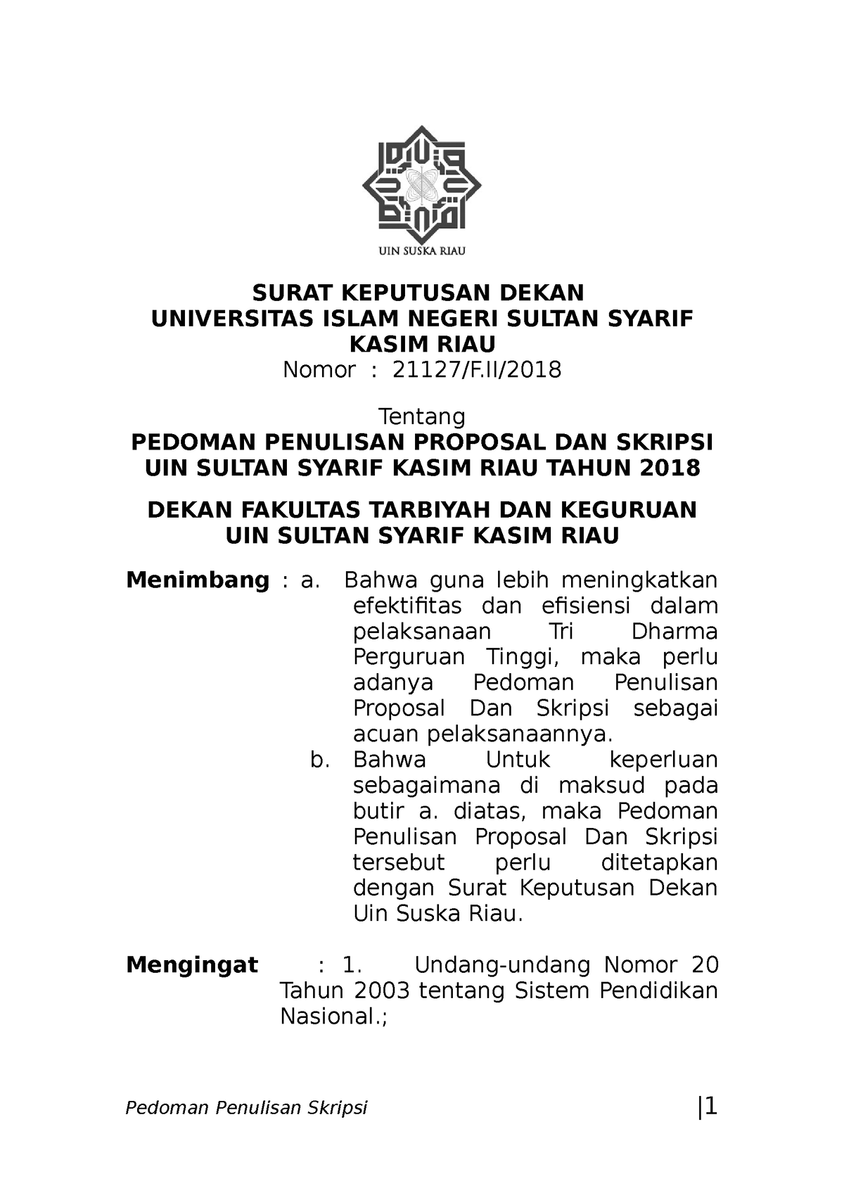 Panduan Penulisan Skripsi Di Tarbiyah - SURAT KEPUTUSAN DEKAN ...