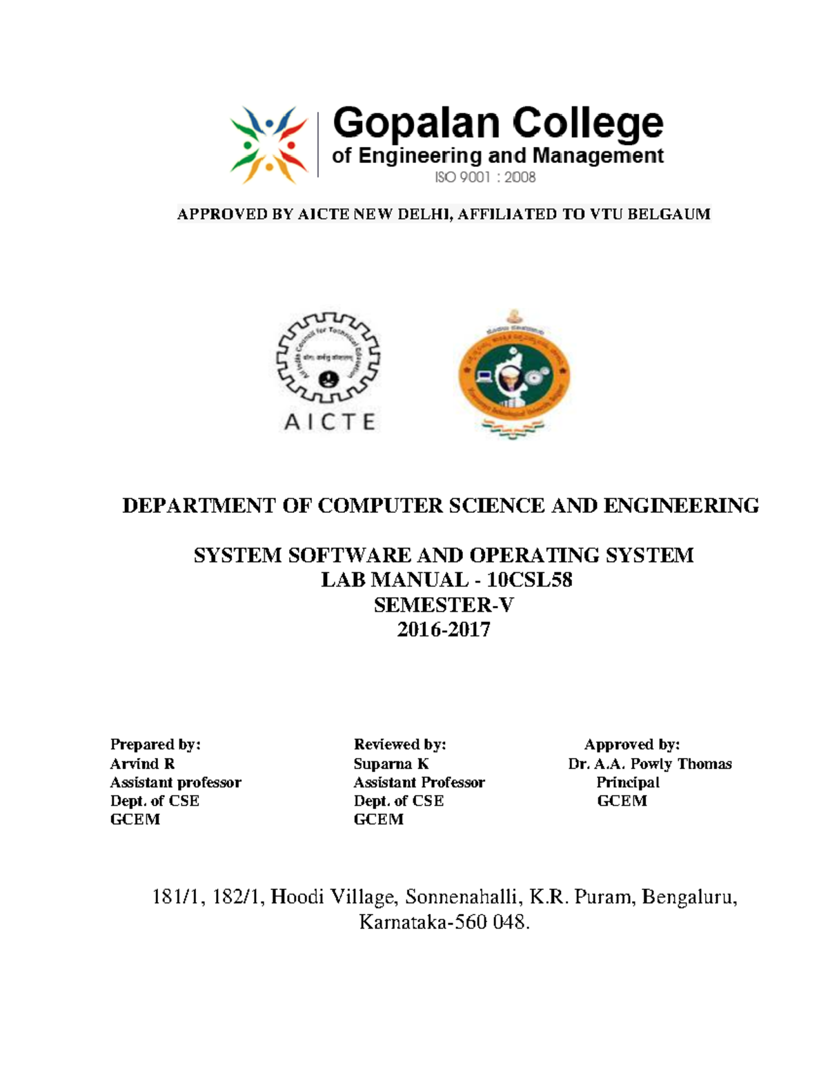 System software and operating systems laboratory APPROVED BY AICTE