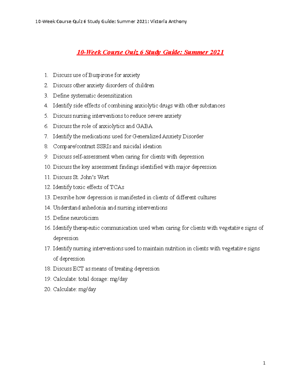 10 Week Course Quiz 6 Study Guide - 10-Week Course Quiz 6 Study Guide ...